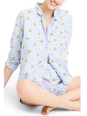 J. Crew Cotton Pajama Set Lime Gingham Print Size XS Long Sleeve Shirt & Shorts